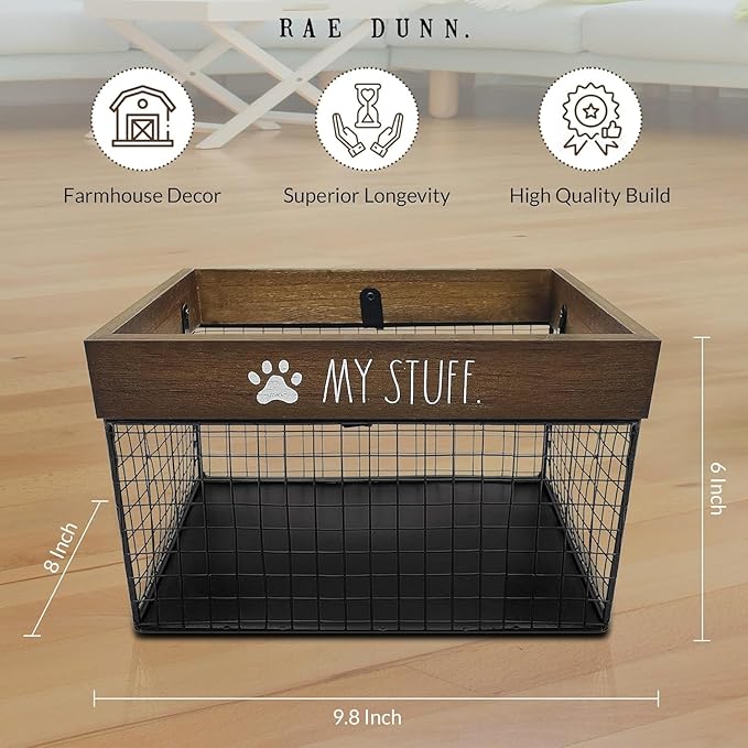 Rae Dunn Pet Toy Basket - Metal and Wood Dog Storage Cat Bin Organizer for Puppy Leash, Blanket, Treats, Food, Accessories Container Baskets Dogs,9.75" x 8" 6"