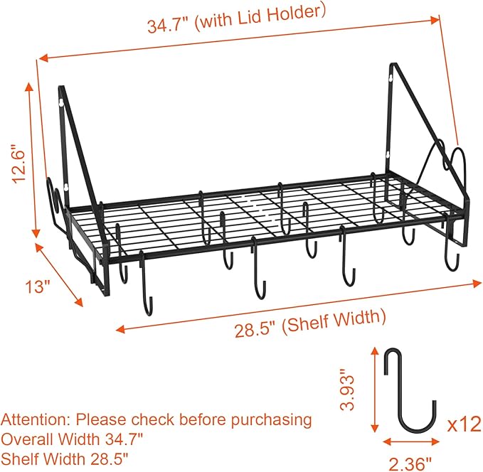 28 Inch Pot Rack Wall Mounted, Pots and Pans Organizer with 12 Hooks and 2 Pot Lid Holders, Heavy Duty Steel Pot and Pan Hanger for Kitchen Cookware Utensils Storage 34.7" Lx13 Wx12.6 H
