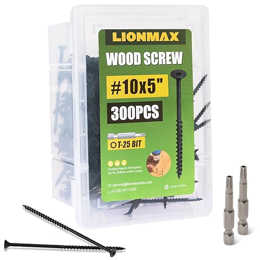 LIONMAX Deck Screws 5 Inch, Wood Screws #10 x 5, 300 PCS, Rust Resistant, Exterior Epoxy Coated, Outdoor Decking Screws, Torx/Star Drive Head Screw, T25 Star Bit Included, Black
