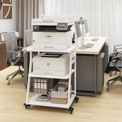 Natwind 23.6"x19.7" Large Printer Stand,3 Tier Printer Table with Charging Station, Rolling Cart with Adjustable Storage Shelf for Home Office Organization, Stand for Heat Press,3D Printer (White)