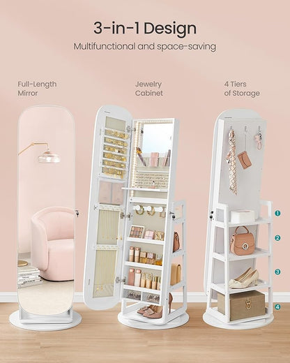 SONGMICS LED Jewelry Cabinet, 360° Swivel Jewelry Organizer, Lockable Mirror Jewelry Cabinet Standing, Rounded Wide Full-Length Mirror with Storage Shelves, Interior Mirror, Cloud White UJJC036W01