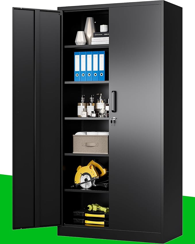 Metal Garage Storage Cabinet, 71-inch Tool Cabinet with 5 Adjustable Shelves & Locking Doors, Tool Cabinets for Garage,Office,Home,School,Gym Storage (Black)