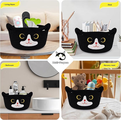 Cat Basket for Nursery, Small Storage Basket, Black Woven Rope Cotton Storage, Baby Blanket Bin with Cat Ears Handles, Animal Blanket Towel Halloween Decor Storage Bins, 8.2" x 4.7" IN