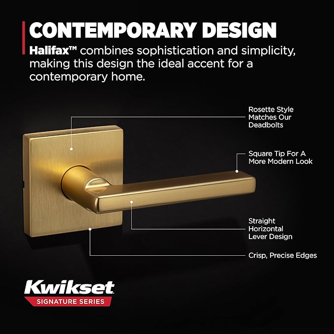 Kwikset Halifax Slim Square Passage Door Lever, Modern Interior Hallway and Closet Door Handle, Non-Locking Reversible Leverset, Satin Brass Finish