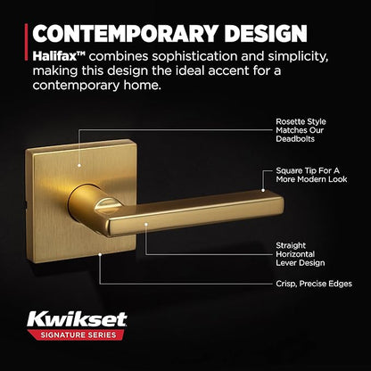 Kwikset Halifax Slim Square Passage Door Lever, Modern Interior Hallway and Closet Door Handle, Non-Locking Reversible Leverset, Satin Brass Finish