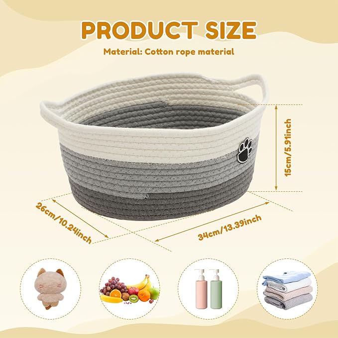 Woven Toy Storage Basket Bin Dog Toy Basket Foldable Cotton Rope Box Multipurpose Woven Case Portable Diaper Organizer Box for Toys Living Room Bathroom (Grey White)