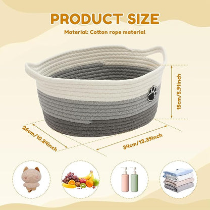 Woven Toy Storage Basket Bin Dog Toy Basket Foldable Cotton Rope Box Multipurpose Woven Case Portable Diaper Organizer Box for Toys Living Room Bathroom (Grey White)