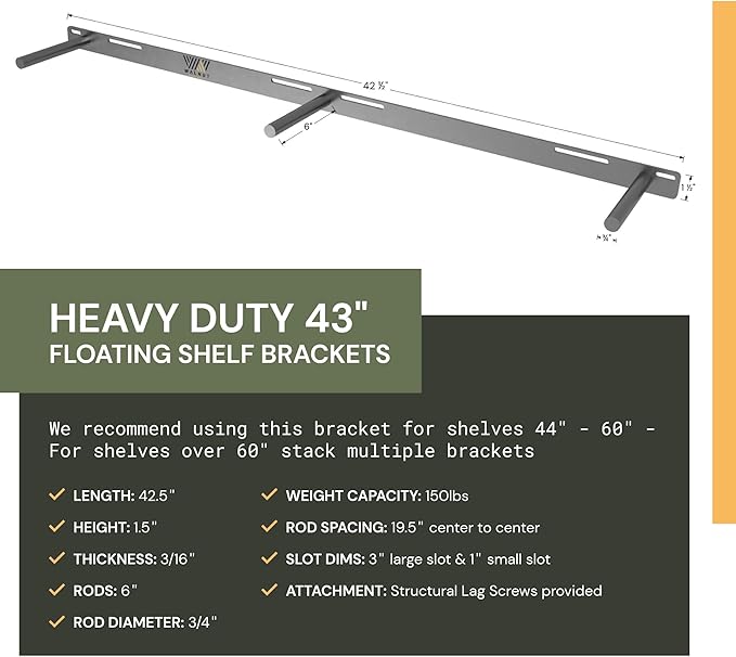 Floating Shelf Bracket - 43” Hidden Shelf Brackets, 150 LB Weight Capacity, for Shelves 43-60" Long, 3/4 Inch Industrial Solid Steel Support Rods Walnut Wood Works