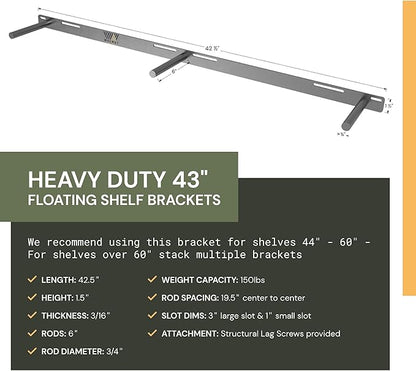 Floating Shelf Bracket - 43” Hidden Shelf Brackets, 150 LB Weight Capacity, for Shelves 43-60" Long, 3/4 Inch Industrial Solid Steel Support Rods Walnut Wood Works