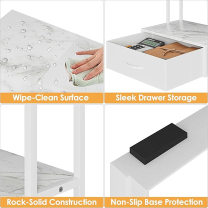 Masupu Printer Stand for Desk, Printer Table with Fabric Storage Drawer, 2 Tier Desktop Shelf, Multi-Purpose Desk Organizer for Home Office, 3D Printer, Fax Machine, Scanner, Marble White