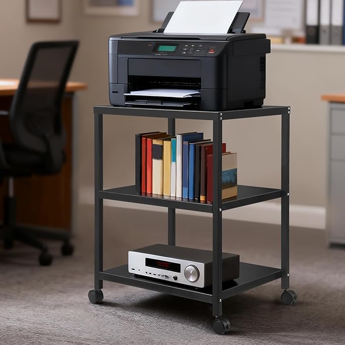 3-Tier Under Desk Printer Stand, 30-Inch Deep Large Printer Table with Height-Adjustable Shelf & 4 Lockable Wheels, Space-Saving Organizer for Home & Office