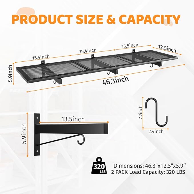 2 Pack Garage Wall Shelving, 1x3.85ft Heavy Duty Garage Shelving Wall Mounted 320 lbs Load Capacity, Black Garage Storage Shelves Floating Shelves for Basement, Shop, Shed