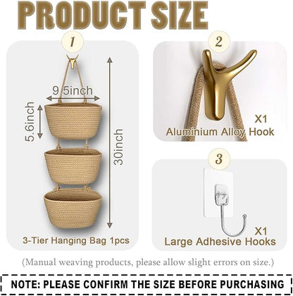 3-Tier Decorative Cotton Rope Hanging Basket, Wall-Mounted Woven Storage Organizer Bag, Jute