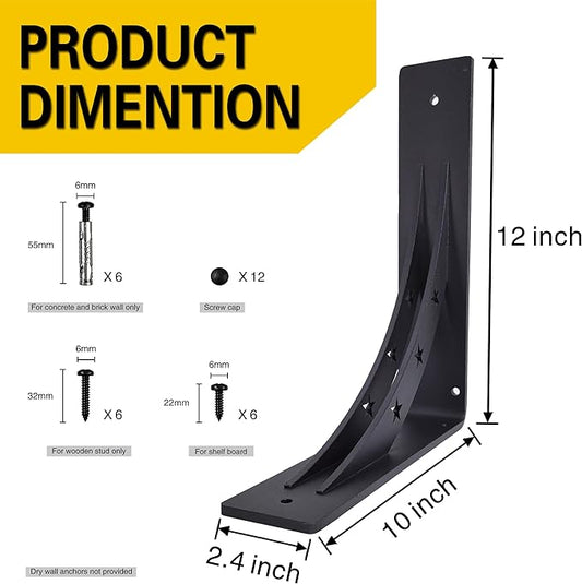 Heavy Duty Shelf Brackets，max Load 900 LBS,Premium Alloy Metal Mantel Brackets , (Set of 2) Fireplace Mantel Brackets - Countertop Support Brackets (Matte Black, 12 inch x 10 inch)