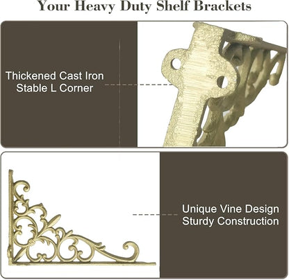 Z Metnal Decorative Shelf Brackets, 6 x 9 inch, Cast Wrought Iron Metal Mailbox Bracket, 90° Right Angle Victorian Brackets, Wall Decor, Modern Shelving Bracket for DIY Floating Shelves, Gold, 2 Pcs