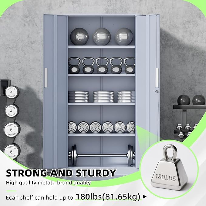 Bonusall 72" Metal Garage Storage Cabinet， Heavy-Duty Steel Cabinet with 2 Locking Doors & 5 Adjustable Shelves for Home, Office, or Workshop Organization(Cement Grey)