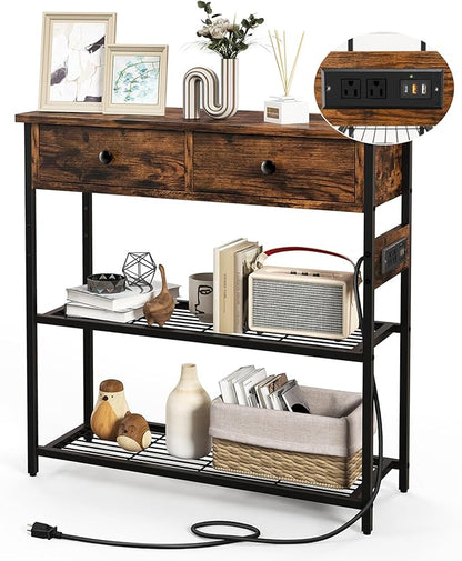 GOFLAME Console Table with Power Outlet, Narrow Entry Table with Drawers, 2 AC Outlets & 2 USB Ports, Sofa Table for Living Room Behind Couch, Living Room, Foyer, Brown