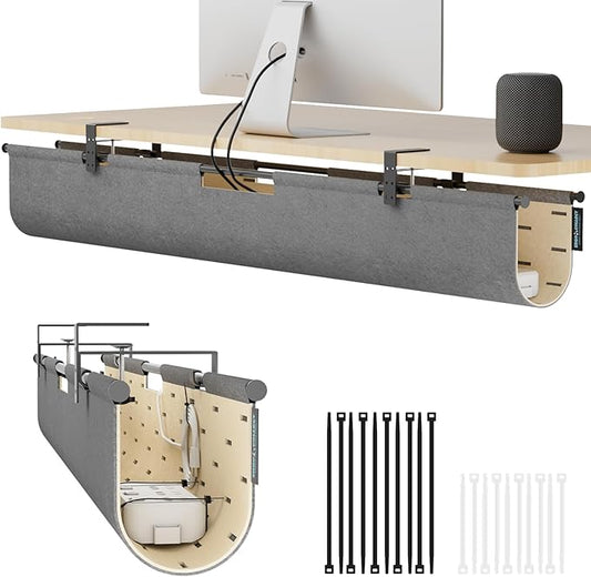 2-in-1 Under Desk Cable Management Tray & Privacy Panel, Dual-Sided Felt Cord Organizer to Hide Wires and Clutter, Desk Mount Cord Holder for Office and Home, Clamp or Screw Mount (Gray/Khaki, 45.3")