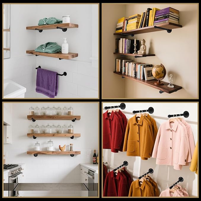 Industrial Pipe Clothing Rack 12 Inch 6 Pack, Wall Mounted Clothes Rack-Pipe Shelf Brackets Heavy Duty Closet Rod for Hanging Clothes Rustic Metal Garment Holder Shelving