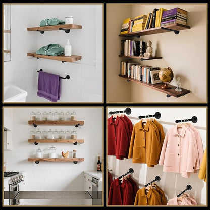 Industrial Pipe Clothing Rack 12 Inch 6 Pack, Wall Mounted Clothes Rack-Pipe Shelf Brackets Heavy Duty Closet Rod for Hanging Clothes Rustic Metal Garment Holder Shelving