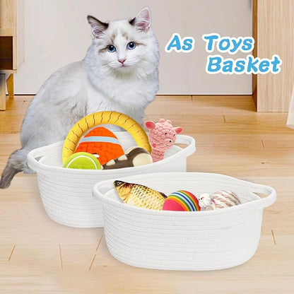 ABenkle Small Basket with Gift Bags and Ribbons, Empty Gift Baskets, Decorative Boho Rope Woven Nursery Storage Organizer Toy Baskets with Handle for Baby Showers, 12"X 8" X 5", White