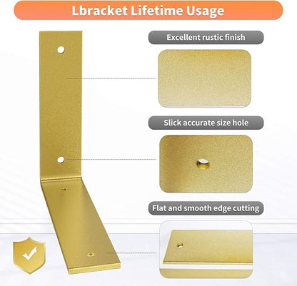 Gold Heavy Duty Shelf Brackets 12 Inch, Extra Thick L Shelving Brackets, Rustic Gold Iron Floating Shelves Wall Mounted with Hardware for DIY Open Shelving, 4 Pack