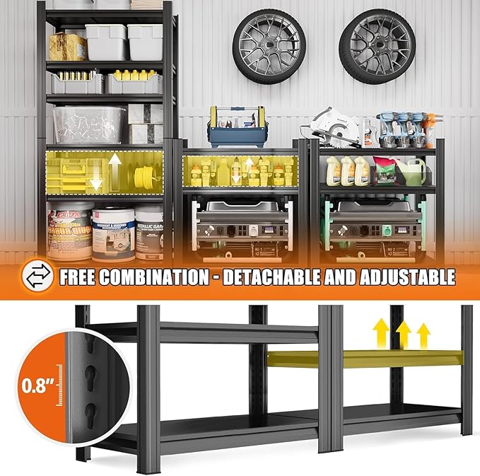 Metal Garage Shelving Unit,Heavy Duty 5-Tier Adjustable Storage Shelves,3000 lbs Capacity,Industrial Shelves for Heavy Tools and Equipment,for Garage,Basement (Black, 35.4" Wx13.8 Dx71 H)