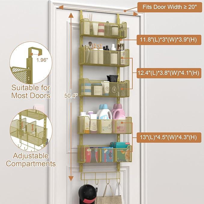 Over The Door Organizer, Metal Door Organizer Hanging with 5 Adjustable Baskets and Coat Hook, Behind The Door Storage for Bedroom Closet Bathroom Pantry Cabinet Kitchen, Gold
