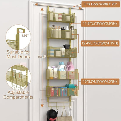 Over The Door Organizer, Metal Door Organizer Hanging with 5 Adjustable Baskets and Coat Hook, Behind The Door Storage for Bedroom Closet Bathroom Pantry Cabinet Kitchen, Gold