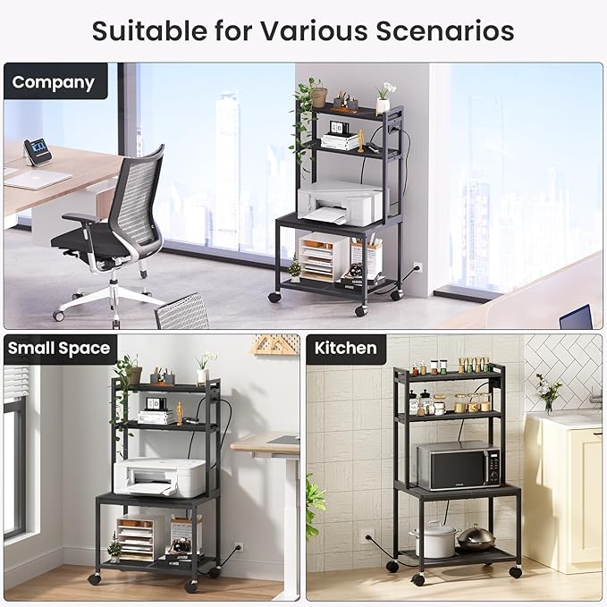 Printer Stand with Charging Station, 4-Tier Printer Stand with Storage, Large Tall Printer Table with Wheels for Home Office, Kitchen, Living Room, PrinterCart Beside Desk for Printer, Scanner Black