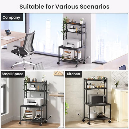 Printer Stand with Charging Station, 4-Tier Printer Stand with Storage, Large Tall Printer Table with Wheels for Home Office, Kitchen, Living Room, PrinterCart Beside Desk for Printer, Scanner Black