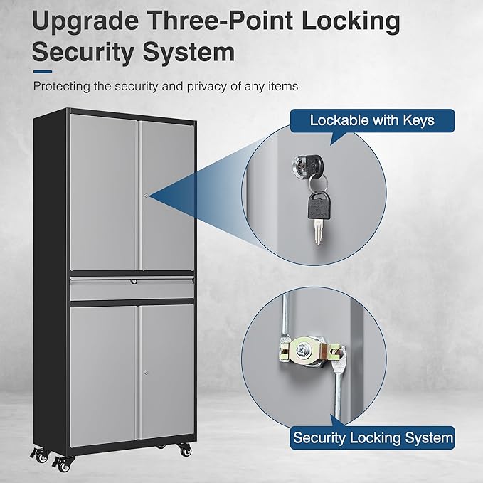 Metal Storage Cabinet with Wheels, 73" Tall Garage Rolling Storage Cabinets with Doors and Shelves, Lockable Tool Caninet Steel Locking Cabnets for Home Office, Garage, Pantry
