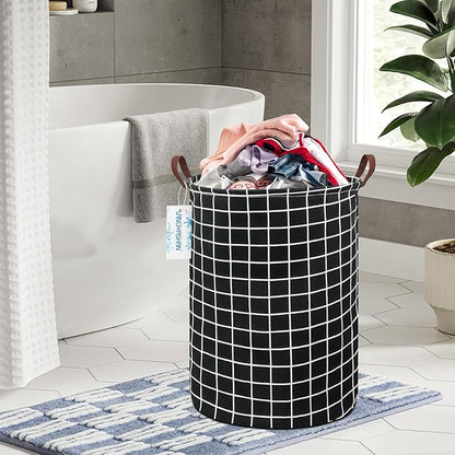 LANGYASHAN Laundry Basket Canvas Fabric Collapsible Organizer Basket for Storage Bin Toy Bins Gift Baskets Bedroom Clothes Children Nursery Hamper (Black Grid)