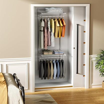 Metal Closet System 2-4FT, Adjustable Wire Shelving, Wall-mounted Closets Kit with Expandable Hanging Rod, DIY Organization Rack for Walk-in/Built-in Wardrobe of Bedroom, Laundry