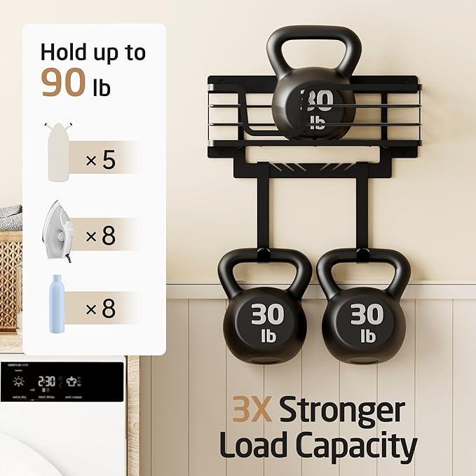 KES Ironing Board Hanger Wall Mount with 90lb High-Capacity, 3X Heavy Duty Ironing Board Holder with T&V Shaped Hooks, Extra Large Storage Basket, No Breaking Sturdy Screws Included, Black, HIR502-BK