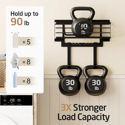 KES Ironing Board Hanger Wall Mount with 90lb High-Capacity, 3X Heavy Duty Ironing Board Holder with T&V Shaped Hooks, Extra Large Storage Basket, No Breaking Sturdy Screws Included, Black, HIR502-BK