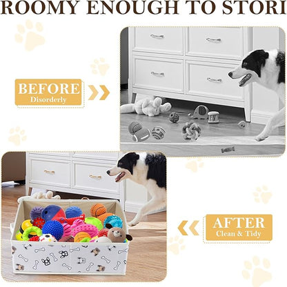 Geyecete Foldable Dog Toy Organizer Boxes - Cloth+Cardboard Trapezoid Storage Box with Handle, Basket for Toys (Beige Dog Head Print)