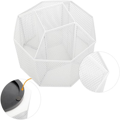Annova Mesh Desk Organizer Rotate with 5 Compartments Spinning Tidy Candy/Pen Holder Office, Art Supply, Storage, Classroom, Home (White)