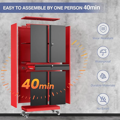 73" Metal Garage Storage Cabinet with Wheels， Rolling Tool Storage with Locking Doors， Adjustable Shelves and Drawer, Heavy Duty Steel Tool Cabinet for Garage, Warehouse, School(Red Black)