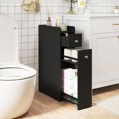 Tangkula Slim Bathroom Storage Cabinet, 4-Tier Narrow Small Side Storage Cabinet Next to Toilet, Slide Out Drawers on Casters, Bathroom Floor Organizer Toilet Paper Holder for Small Spaces (Black)