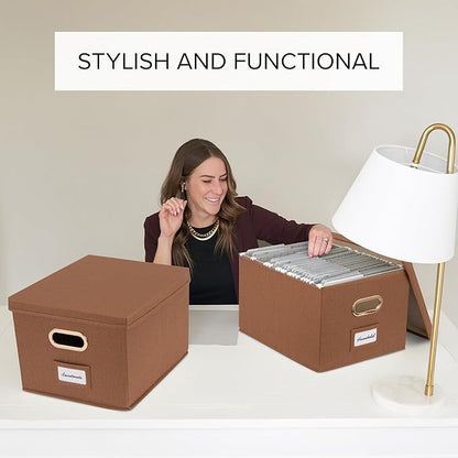 ZICOTO Decorative File Organizer Box Set of 2 - Collapsible Linen Filing Cabinets w/Handles Are Perfect to Store all Your Documents & Hanging File Folders - Portable Easy Slide Crates with Lid