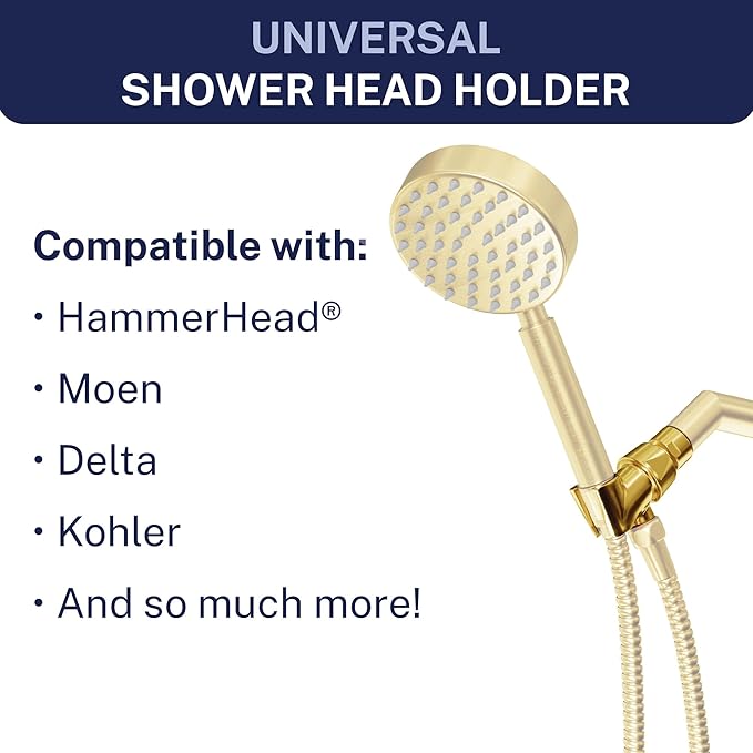 HammerHead Showers Solid Metal Handheld Showerhead Holder, Adjustable Wand Holder with Universal Wall Hook Bracket and Brass Pivot Ball, Brushed Gold