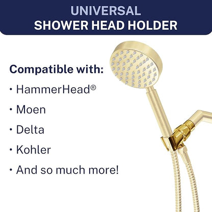 HammerHead Showers Solid Metal Handheld Showerhead Holder, Adjustable Wand Holder with Universal Wall Hook Bracket and Brass Pivot Ball, Brushed Gold