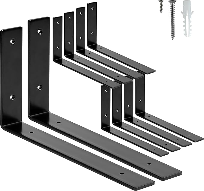 HEART ART 10 Pack Shelf Brackets 12 inch,L Brackets for Shelves,Black Heavy Duty Metal Shelf Brackets,12”x6”x1.4”