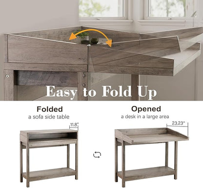 Console Table with Charging Station, 38” Narrow Side Foldable Sofa Table with Shelves, Side Table with Charging, Entryway Table with Anti-Tip Design,Rustic,Rustic Gray