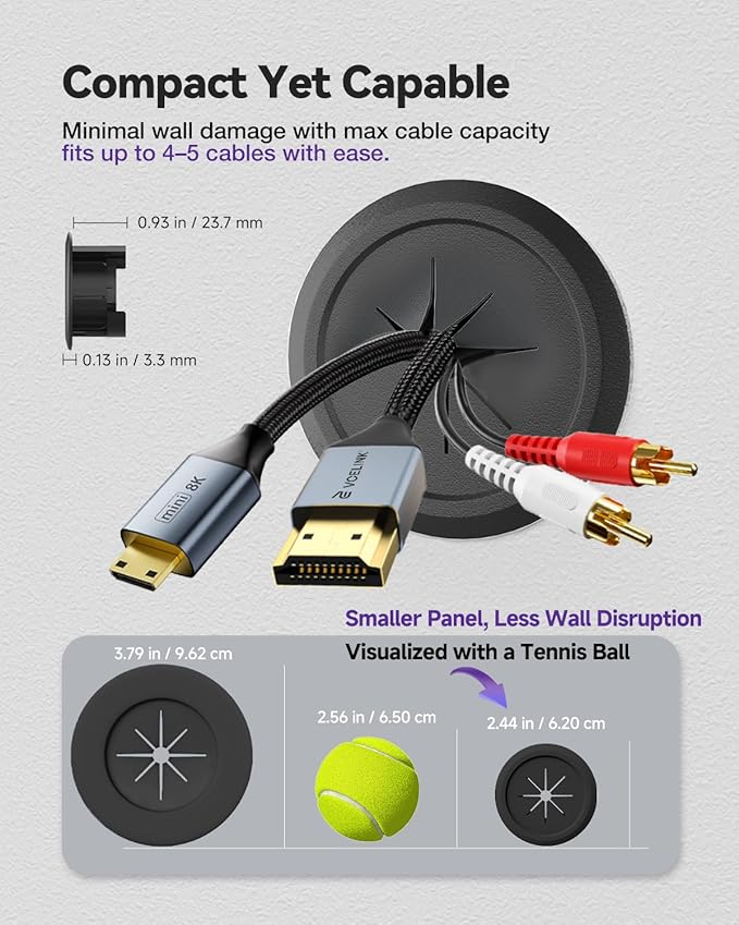VCELINK in-Wall Cable Management Kit, 2.44" (62 mm) Mini Wall Cord Hider for TV/Coaxial/HDMI/Speaker Cords, Includes 2 Pass-Throughs, Locking Brackets, and Hole Saw Drill Attachment, Black, 2 Pack