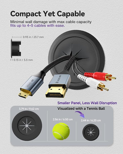 VCELINK in-Wall Cable Management Kit, 2.44" (62 mm) Mini Wall Cord Hider for TV/Coaxial/HDMI/Speaker Cords, Includes 2 Pass-Throughs, Locking Brackets, and Hole Saw Drill Attachment, Black, 2 Pack