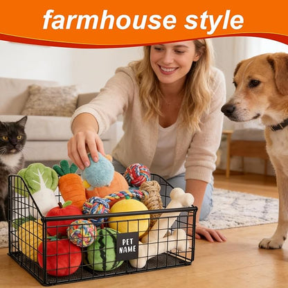 Indestructible Dog Toy Basket, 42.5x28x21.5cm/16.7x11x8.5in Metal Storage Bin for Chew Toys Bones and Treats Durable Toy Organizer for Living Room Area (Black)