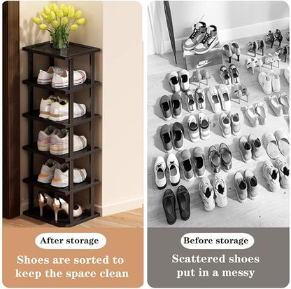 Vertical Shoe Rack - Tall Narrow Shoe Rack Organizer for Small Spaces,5 Tier Bamboo Shoen Shelf for Entryway,Closet,Corner,Doorway,Skinny Shoe Shelf Space Saving Shoe Storage,Free Stackable DIY