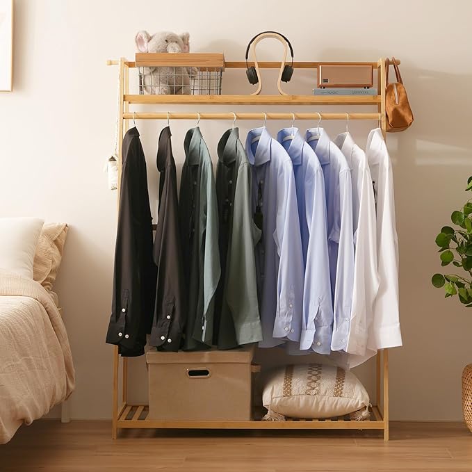Bamboo Clothing Garment Rack 2 Tier Storage Shelf Coat Clothes Hanging Rack, Portable Wardrobe Closet Organizer With Top Shelf, Shoe Storage Shelves for Bedroom (Natural - 39.37 in)